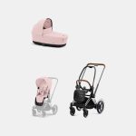 Carucior 2 in 1 Cadru Cărucior pentru Copii e-Priam Chrome Brown + Landou PRIAM Lux Peach Pink Cybex Platinum + Parte Sport Carucior Priam Peach Pink