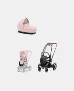 Carucior 2 in 1 Cadru Cărucior pentru Copii e-Priam Chrome Brown + Landou PRIAM Lux Peach Pink Cybex Platinum + Parte Sport Carucior Priam Peach Pink