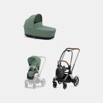 Carucior 2 in 1 Cadru Cărucior pentru Copii e-Priam Chrome Brown + Landou PRIAM Lux Leaf Green + Parte Sport Carucior Priam Leaf Green Cybex Platinum