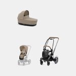 Carucior 2 in 1 Cadru Cărucior pentru Copii e-Priam Chrome Brown + Landou PRIAM Lux Cozy Beige + Parte Sport Carucior Priam Cozy Beige Cybex Platinum