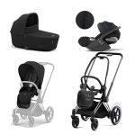 Carucior 3 in 1 Cadru Cărucior pentru Copii e-Priam Chrome Black + Parte Sport Carucior Priam Sepia Black + Landou PRIAM Lux Sepia Black + Scoică Auto pentru Copii Cloud T i-Size Plus Sephia Black Cybex Platinum