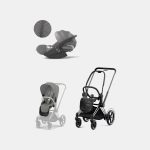 Carucior 2 in 1 Cadru Cărucior pentru Copii e-Priam Chrome Black + Parte Sport Carucior Priam Mirage Grey + Scoică Auto pentru Copii Cloud T i-Size Plus Mirage Grey Cybex Platinum