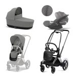 Carucior 3 in 1 Cadru Cărucior pentru Copii e-Priam Chrome Black + Parte Sport Carucior Priam Mirage Grey + Landou PRIAM Lux Mirage Grey + Scoică Auto pentru Copii Cloud T i-Size Plus Mirage Grey Cybex Platinum