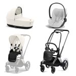 Carucior 3 in 1 Cadru Cărucior pentru Copii e-Priam Chrome Black + Parte Sport Carucior Priam Off White + Landou PRIAM Lux Off White + Scoică Auto pentru Copii Cloud T i-Size Plus Platinum White Cybex Platinum
