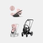Carucior 2 in 1 Cadru Cărucior pentru Copii e-Priam Chrome Black + Parte Sport Carucior Priam Peach Pink + Scoică Auto pentru Copii Cloud T i-Size Plus Peach Pink Cybex Platinum
