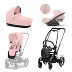 Carucior 3 in 1 Cadru Cărucior pentru Copii e-Priam Chrome Black + Parte Sport Carucior Priam Peach Pink + Landou PRIAM Lux Peach Pink + Scoică Auto pentru Copii Cloud T i-Size Plus Peach Pink Cybex Platinum