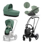 Carucior 3 in 1 Cadru Cărucior pentru Copii e-Priam Chrome Black + Parte Sport Carucior Priam Leaf Green + Landou PRIAM Lux Leaf Green+ Scoică Auto pentru Copii Cloud T i-Size Plus Leaf Green Cybex Platinum