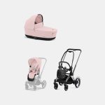 Carucior 2 in 1 Cadru Cărucior pentru Copii e-Priam Chrome Black + Landou PRIAM Lux Peach Pink + Parte Sport Carucior Priam Peach Pink Cybex Platinum
