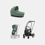 Carucior 2 in 1 Cadru Cărucior pentru Copii e-Priam Chrome Black + Landou PRIAM Lux Leaf Green + Parte Sport Carucior Priam Leaf Green Cybex Platinum