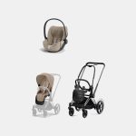 Carucior 2 in 1 Cadru Cărucior pentru Copii e-Priam Chrome Black + Parte Sport Carucior Priam Cozy Beige + Scoică Auto pentru Copii Cloud T i-Size Plus Cozy Beige Cybex Platinum Cybex Platinum