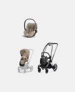 Carucior 2 in 1 Cadru Cărucior pentru Copii e-Priam Chrome Black + Parte Sport Carucior Priam Cozy Beige + Scoică Auto pentru Copii Cloud T i-Size Plus Cozy Beige Cybex Platinum Cybex Platinum
