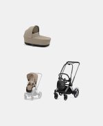Carucior 2 in 1 Cadru Cărucior pentru Copii e-Priam Chrome Black + Landou PRIAM Lux Cozy Beige + Parte Sport Carucior Priam Cozy Beige Cybex Platinum