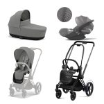 Carucior 3 in 1 Cadru Cărucior pentru Copii e-Priam Matt + Parte Sport Carucior Priam Mirage Grey + Landou PRIAM Lux Mirage Grey + Scoică Auto pentru Copii Cloud T i-Size Plus Mirage Grey Cybex Platinum