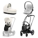 Carucior 3 in 1 Cadru Cărucior pentru Copii e-Priam Matt + Parte Sport Carucior Priam Off White + Landou PRIAM Lux Off White + Scoică Auto pentru Copii Cloud T i-Size Plus Platinum White Cybex Platinum