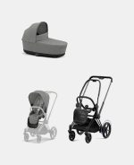 Carucior 2 in 1 Cadru Cărucior pentru Copii e-Priam Matt Black + Landou PRIAM Lux Mirage Grey + Parte Sport Carucior Priam Mirage Grey Cybex Platinum - imagine 2