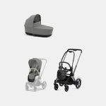 Carucior 2 in 1 Cadru Cărucior pentru Copii e-Priam Matt Black + Landou PRIAM Lux Mirage Grey + Parte Sport Carucior Priam Mirage Grey Cybex Platinum