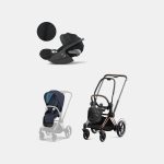 Carucior 2 in 1 Cadru Cărucior pentru Copii e-Priam Rosegold + Parte Sport Carucior Priam Nautical Blue + Scoică Auto pentru Copii Cloud T i-Size Plus Sephia Black Cybex Platinum Cybex Platinum