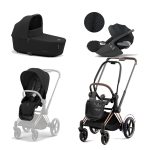 Carucior 3 in 1 Cadru Cărucior pentru Copii e-Priam Rosegold + Parte Sport Carucior Priam Sepia Black + Landou PRIAM Lux Sepia Black + Scoică Auto pentru Copii Cloud T i-Size Plus Sephia Black Cybex Platinum
