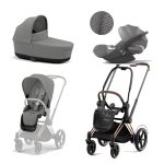 Carucior 3 in 1 Cadru Cărucior pentru Copii e-Priam Rosegold + Parte Sport Carucior Priam Mirage Grey + Landou PRIAM Lux Mirage Grey + Scoică Auto pentru Copii Cloud T i-Size Plus Mirage Grey Cybex Platinum