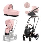 Carucior 3 in 1 Cadru Cărucior pentru Copii e-Priam Rosegold + Parte Sport Carucior Priam Peach Pink + Landou PRIAM Lux Peach Pink + Scoică Auto pentru Copii Cloud T i-Size Plus Peach Pink Cybex Platinum