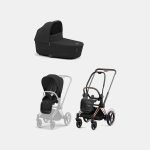 Carucior 2 in 1 Cadru Cărucior pentru Copii e-Priam Rosegold + Landou PRIAM Lux Sepia Black Cybex Platinum + Parte Sport Carucior Priam Sepia Black
