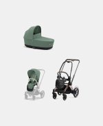 Carucior 2 in 1 Cadru Cărucior pentru Copii e-Priam Rosegold + Landou PRIAM Lux Leaf Green + Parte Sport Carucior Priam Leaf Green Cybex Platinum