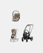 Carucior 2 in 1 Cadru Cărucior pentru Copii e-Priam Rosegold + Parte Sport Carucior Priam Cozy Beige + Scoică Auto pentru Copii Cloud T i-Size Plus Cozy Beige Cybex Platinum Cybex Platinum