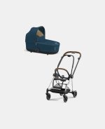 Carucior Nou Nascut Mios: Cadru Carucior pentru Copii Mios Chrome Brown + Landou Mios Lux Mountain Blue Cybex Platinum