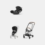 Carucior 2 in 1 : Cadru Carucior pentru Copii Mios Chrome Brown + Parte Sport Carucior MIOS Sepia Black + Scoică Auto pentru Copii Cloud T i-Size Comfort Sephia Black Cybex Platinum