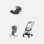 Carucior 2 in 1 : Cadru Carucior pentru Copii Mios Chrome Brown + Parte Sport Carucior MIOS Mirage Grey + Scoică Auto pentru Copii Cloud T i-Size Comfort Mirage Grey Cybex Platinum