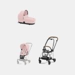 Carucior 2 in 1 : Cadru Carucior pentru Copii Mios Chrome Brown + Landou Mios Lux Peach Pink + Parte Sport Carucior MIOS Peach Pink Cybex Platinum