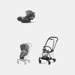 Carucior 2 in 1 : Cadru Carucior pentru Copii Mios Chrome Black + Parte Sport Carucior MIOS Mirage Grey + Scoică Auto pentru Copii Cloud T i-Size Comfort Mirage Grey Cybex Platinum