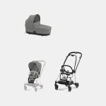 Carucior 2 in 1 : Cadru Carucior pentru Copii Mios Chrome Black + Landou Mios Lux Mirage Grey + Parte Sport Carucior MIOS Mirage Grey Cybex Platinum