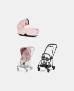Carucior 2 in 1 Landou MIOS Lux SIMPLY FLOWERS PINK | light pink + Cadru Carucior pentru Copii Mios Matt Black + Parte Sport Carucior MIOS SIMPLY FLOWERS PINK | light pink Cybex Fashion