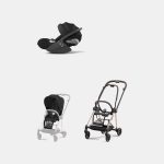 Carucior 2 in 1 : Cadru Carucior pentru Copii Mios Rosegold + Parte Sport Carucior MIOS Sepia Black + Scoică Auto pentru Copii Cloud T i-Size Comfort Sephia Black Cybex Platinum