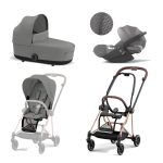 Carucior 3 in 1 Cadru Carucior pentru Copii Mios Rosegold + Parte Sport Carucior MIOS Mirage Grey + Landou Mios Lux Mirage Grey + Scoică Auto pentru Copii Cloud T i-Size Plus Mirage Grey Cybex Platinum