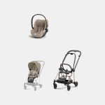 Carucior 2 in 1: Cadru Carucior pentru Copii Mios Rosegold + Parte Sport Carucior MIOS Cozy Beige Cybex Platinum Cadru Carucior pentru Copii Mios Rosegold + Scoică Auto pentru Copii Cloud T i-Size Plus Cozy Beige Cybex Platinum