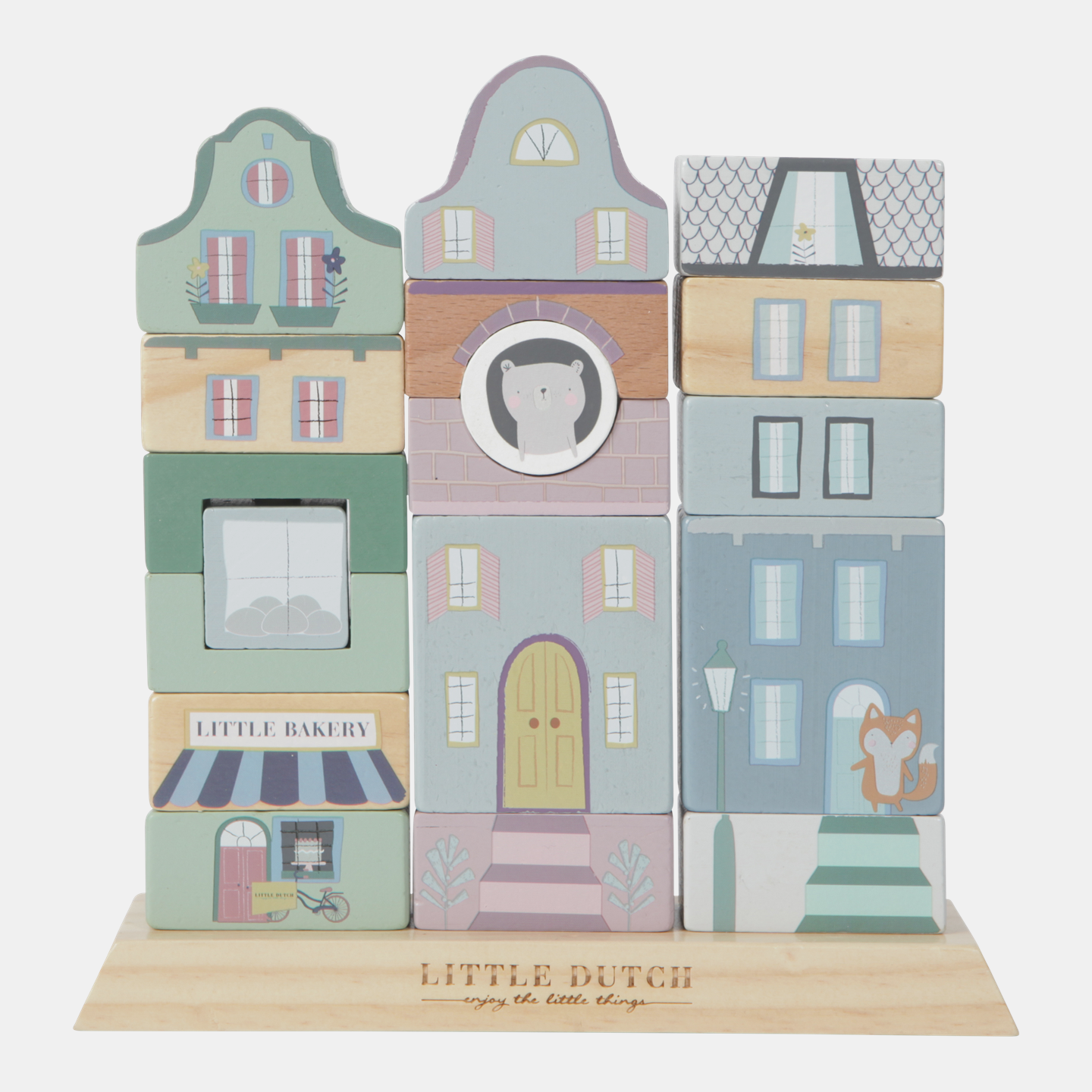 LD4430-stacking-blocks-facades-blue-1.png Jucărie din lemn pentru stivuire Clădiri Blue Little Dutch - imagine 1
