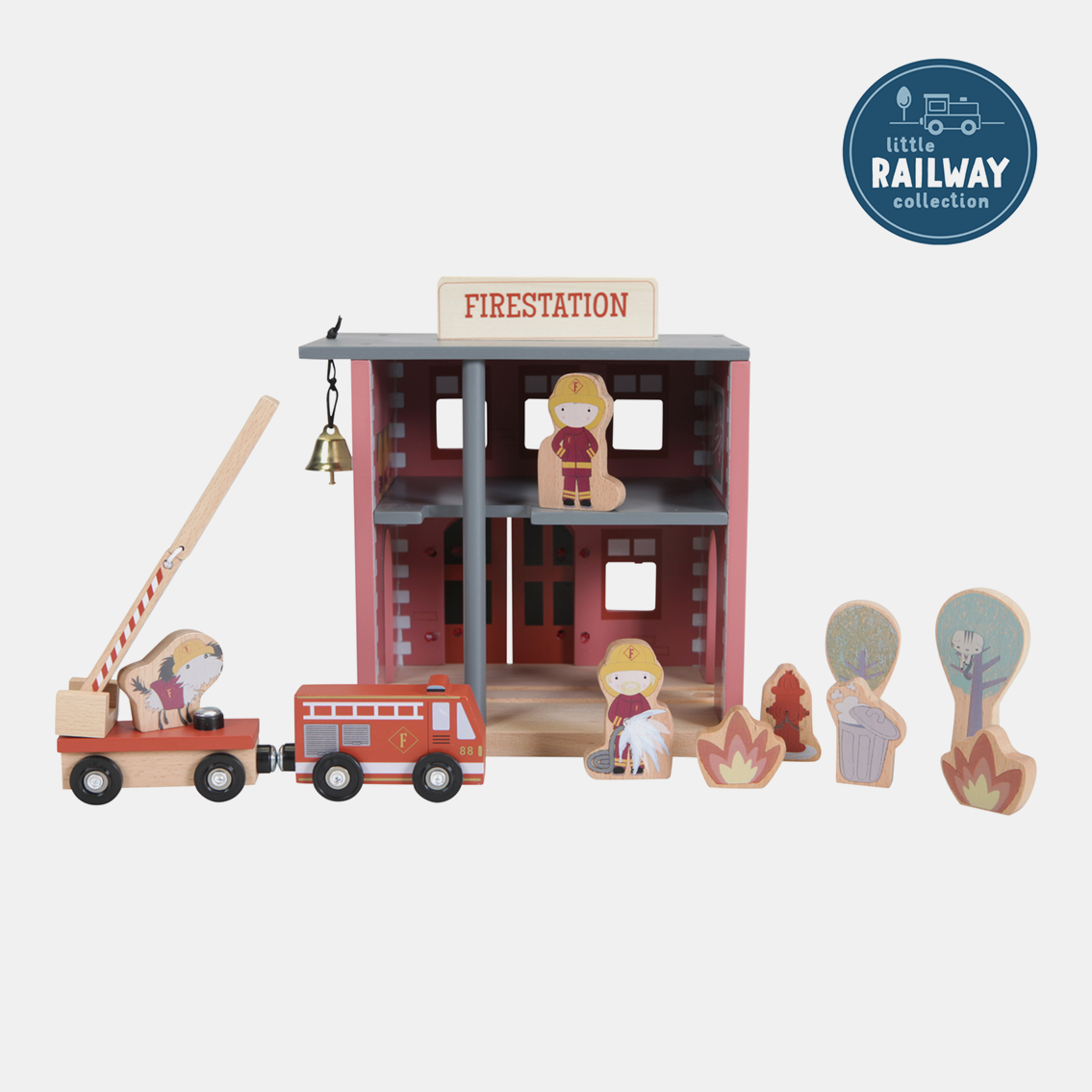 LD4490-Railway-Train-Firestation-Product-1-1.png Secție de pompieri cu figurine din lemn Extensie Little Railway Collection Little Dutch - imagine 1
