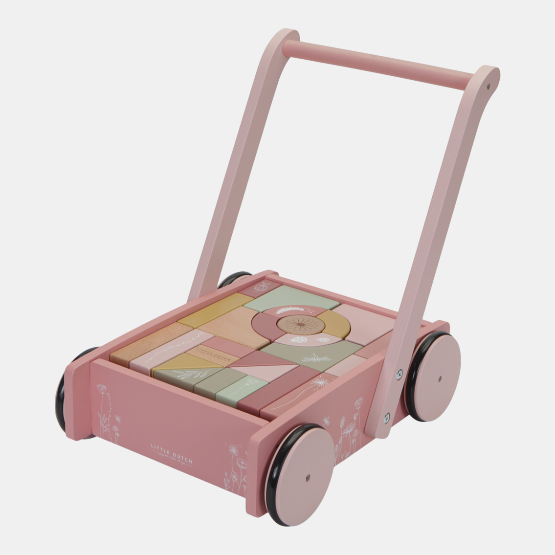 LD7020-Block-Trolley-Wild-Flowers-Product-2.png Premergător din lemn cu spațiu de depozitare și blocuri de construit Pink colecția Ocean Little Dutch - imagine 1